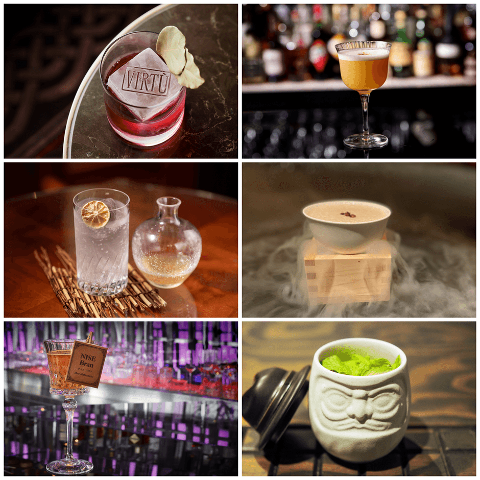 カクテル名上段 左から右:VIRTU (大手町)ル ベルトンヌ、Bulgari Ginza Bar(銀座)パンプキン ミー アップ、 中段 左から右:Rihga Royal Hotel Tokyo / Cellar Bar (西早稲田) 収穫、bar h’ (八重洲) ローストアンドスイート、下段 左から右:The Peninsula Tokyo / Peter :The Bar (有楽町)ナイス ブラン、Flying Bumblebee (代官山)セントトーマス