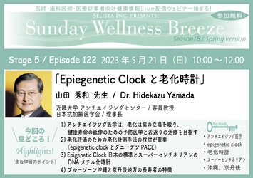 無料オンラインセミナー(医師・歯科医師・薬剤師向け) 『Epigenetic Clockと老化時計』5/21(日)朝10時開催　 講師：山田 秀和先生 (近畿大学 アンチエイジングセンター /  客員教授、日本抗加齢医学会 / 理事長)