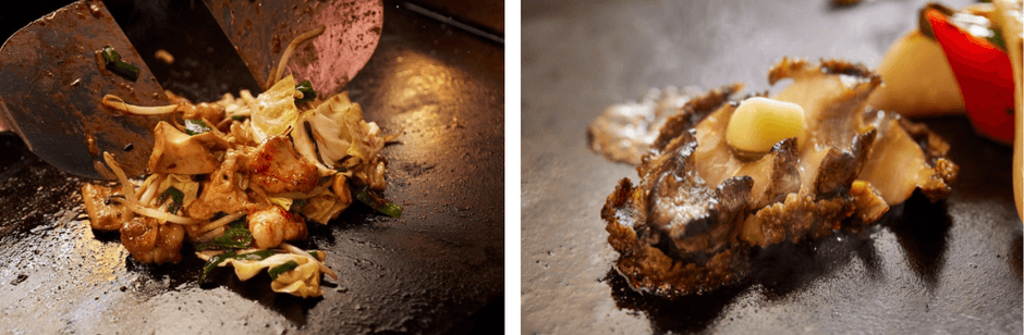 ホルモンスタミナ炒め(935円税込)／鮑ステーキ 肝バターソース(1,980円税込)