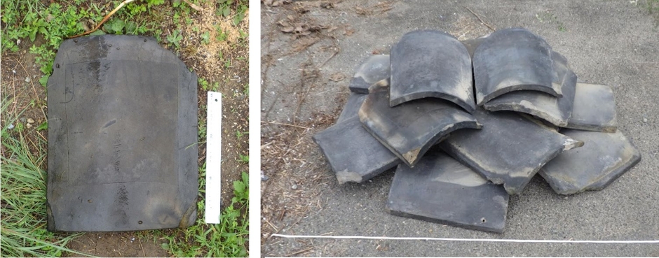 使用する興福寺の瓦 (宝暦十二,1762年焼成)(左)、設置予定の古瓦17枚で組み上げた人工魚礁(右)