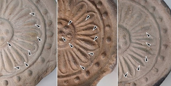 軒丸瓦の瓦当面に残る皴状の痕跡(縮尺不同)※筆者撮影