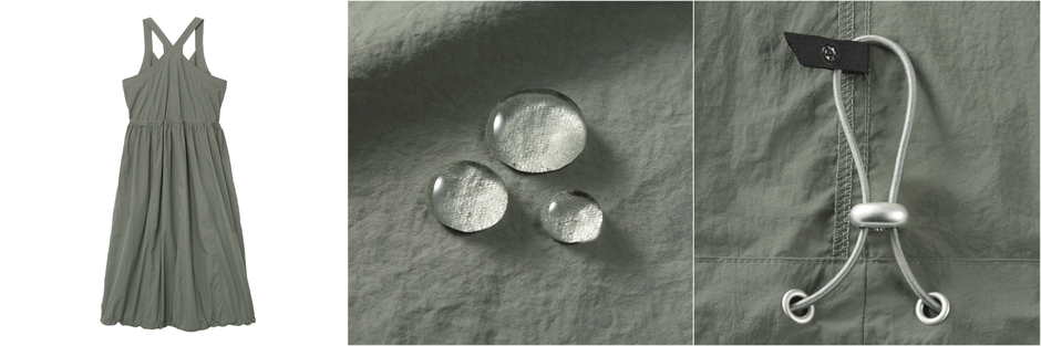 写真<左>後ろシルエット <中央>はっ水機能のある軽量の生地 <右>ウエストと裾のドローコードでシルエットを変えられます。