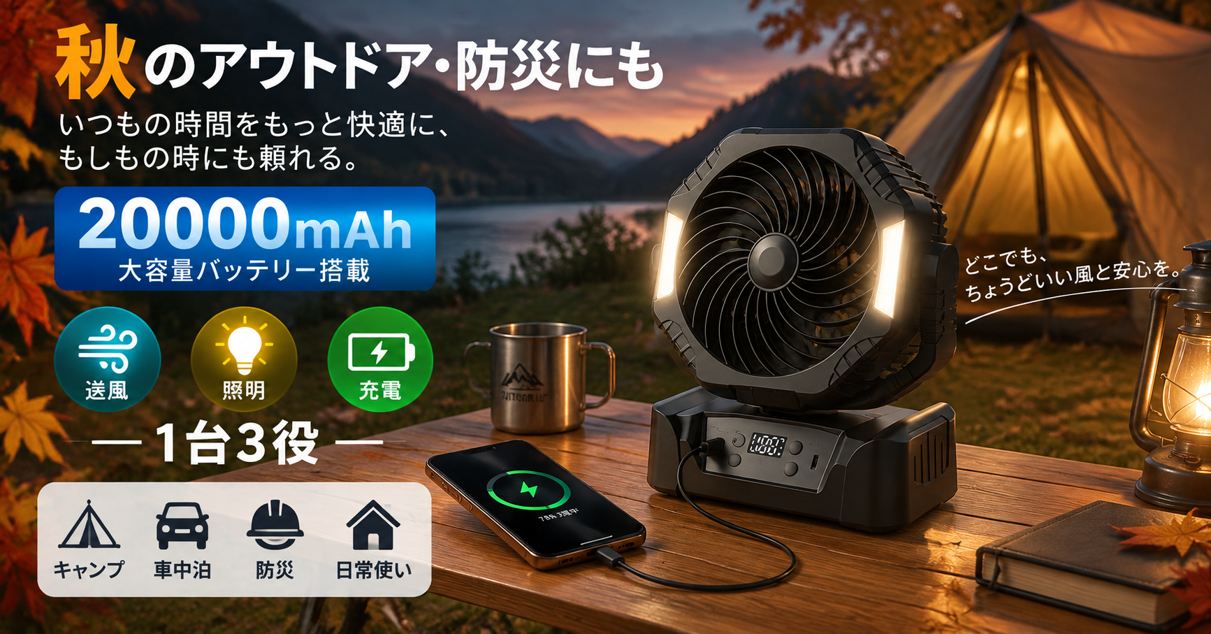 秋のアウトドア・防災シーズンに活躍20000mAh大容量バッテリー搭載
送風・照明・スマホ充電を1台に集約したSOPPY多機能ポータブルファンを提案