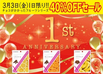 「チョコがかかったオレンジピール」など3商品が デビュー1周年を記念し40％OFF価格にて 3月3日(金)に数量限定販売！