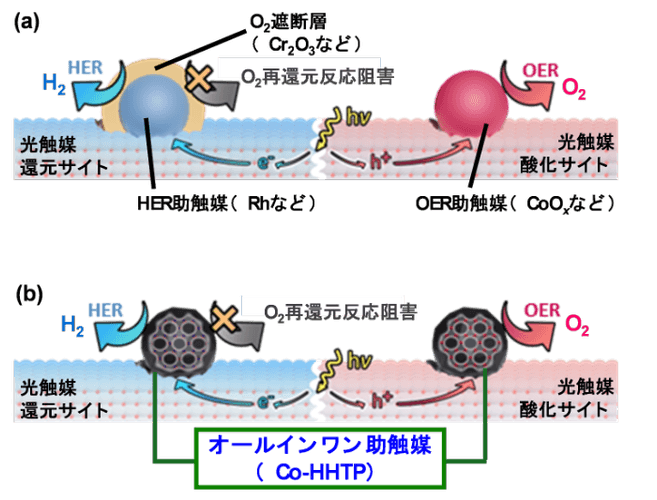 図2.（a）既存の助触媒を用いたOWS光触媒システムと、（b）本研究で追究したオールインワン助触媒を用いたOWS光触媒システム。