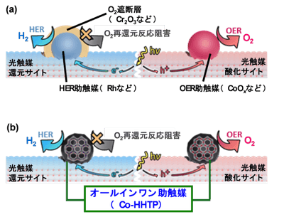 図2.(a)既存の助触媒を用いたOWS光触媒システムと、(b)本研究で追究したオールインワン助触媒を用いたOWS光触媒システム。