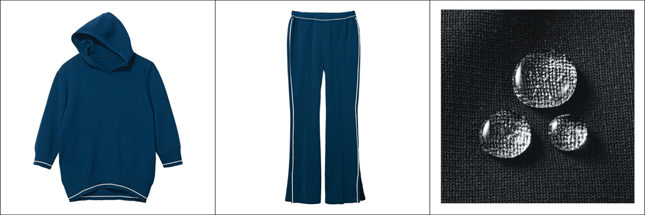 写真<左>パーカー ネイビー <中央>パンツ ネイビー <右>はっ水機能の糸を使用