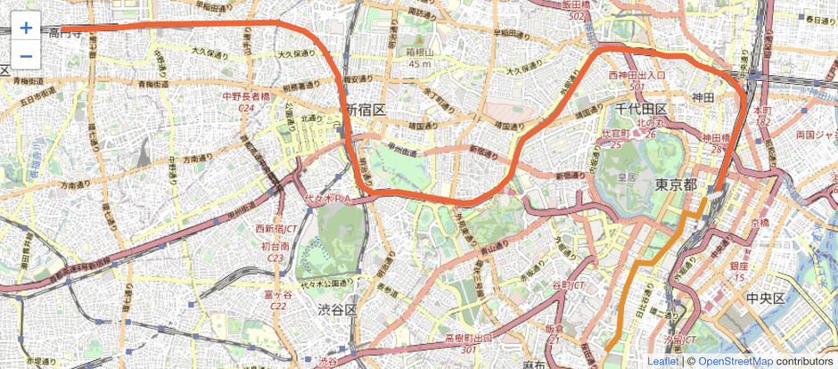 シェイプAPI利用イメージ(JR中央線-東急バスを利用する経路)