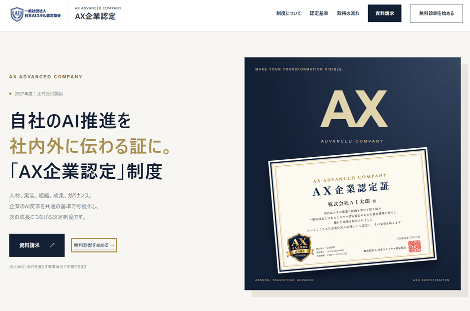 「自社のAI推進を、社内外に伝わる証に。」AX企業認定 公式サイト
