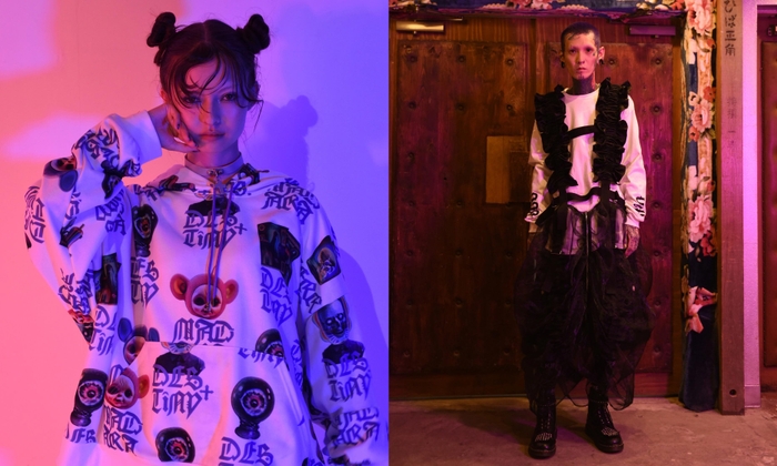 (左) MAD PATTERN HOODIE 22,000円 / (右) ruffle harness with skirt 66,000円 & UUU L.S.T 13,200円