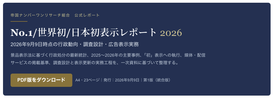 No.1表示を含む事案、5社に計2億1,745万円の課徴金納付命令。帝国ナンバーワンリサーチ組合が2026年版実務レポートを公開。