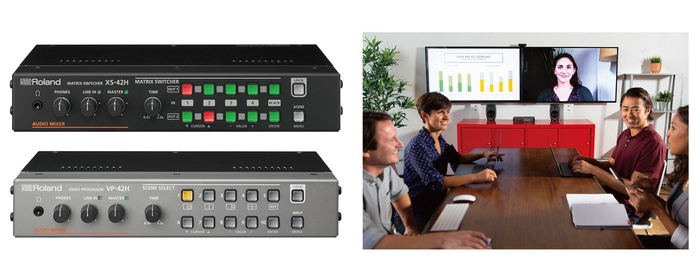 『XS-42H』(左上)、『VP-42H』(左下)/社内会議などで2つのディスプレイに映像を表示できる『XS-42H』の使用イメージ