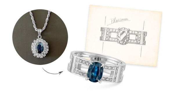 （2）持込品に合わせてオーダーメイド。例：祖父母から譲り受けたネックレスを指輪に