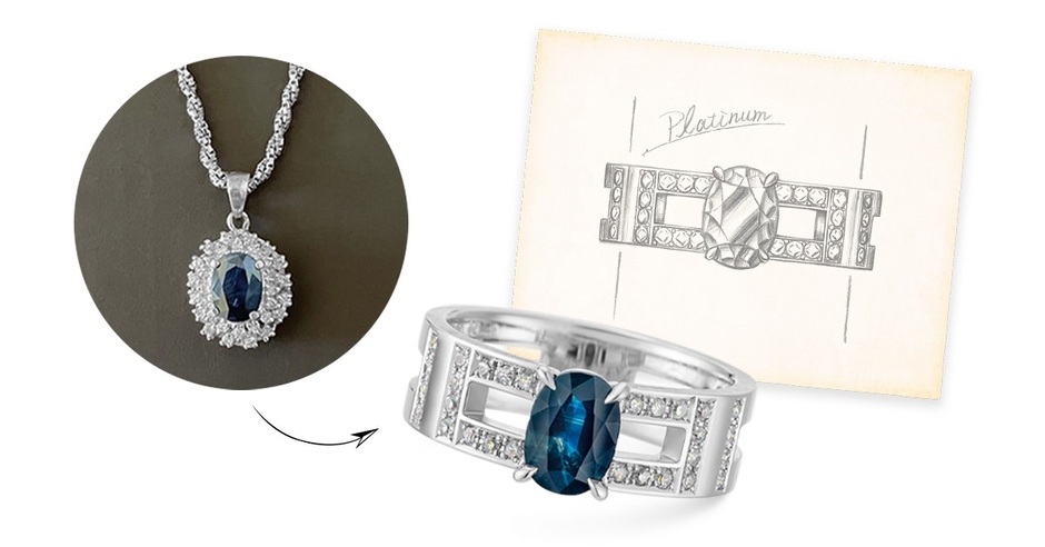 （2）持込品に合わせてオーダーメイド。例：祖父母から譲り受けたネックレスを指輪に