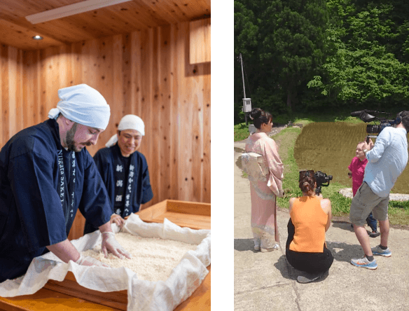 インバウンド観光客も含めた酒造り体験とBBCの取材の様子