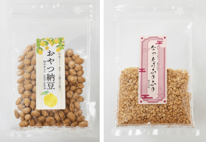 新商品のおやつ納豆（左）となっとうふりふり（右）