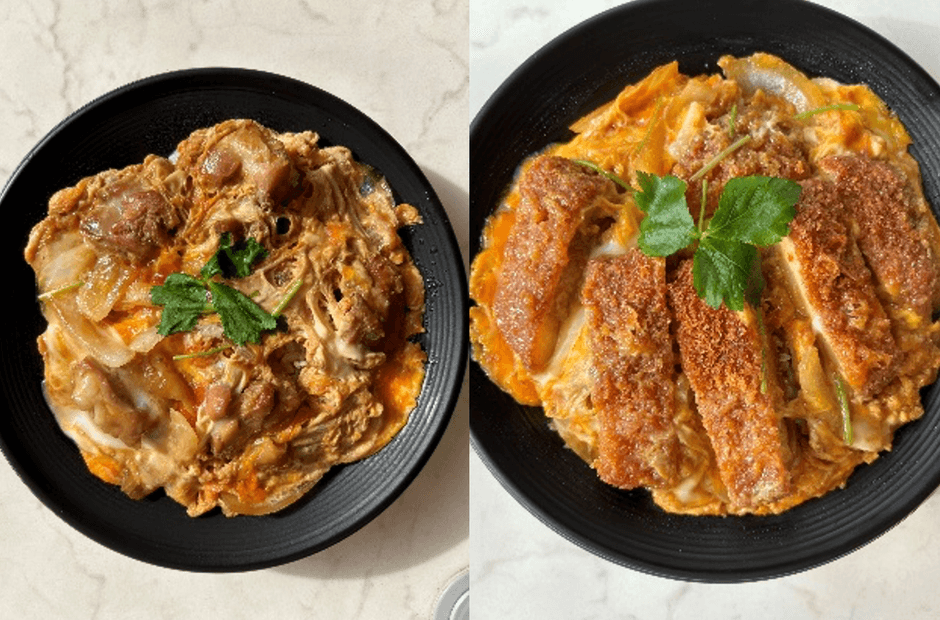 (左)天てり卵の親子丼/(右)天てり卵のかつ丼