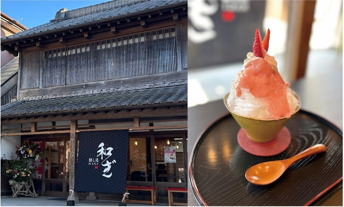 (写真左から)江戸情緒を感じる外観。「発酵かき氷(いちご甘糀)」は日祝で1日10個限定で販売。