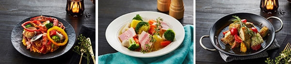 (左から)~海の幸のパエリア~、~サフラン風味のポトフ~、~ポルケッタとじゃがいものロースト~