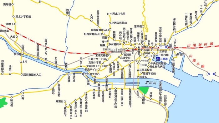 芸陽バスの路線図 ※PC用ソフトウェア「駅すぱあと」の表示イメージ（一部抜粋）