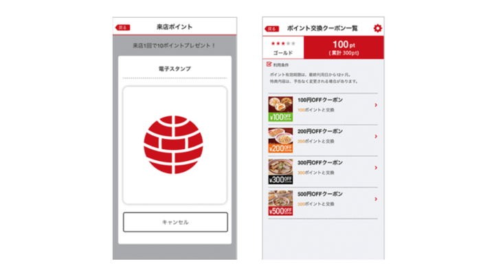 図2 スマートフォンアプリ画面(電子スタンプ画面・クーポン画面)