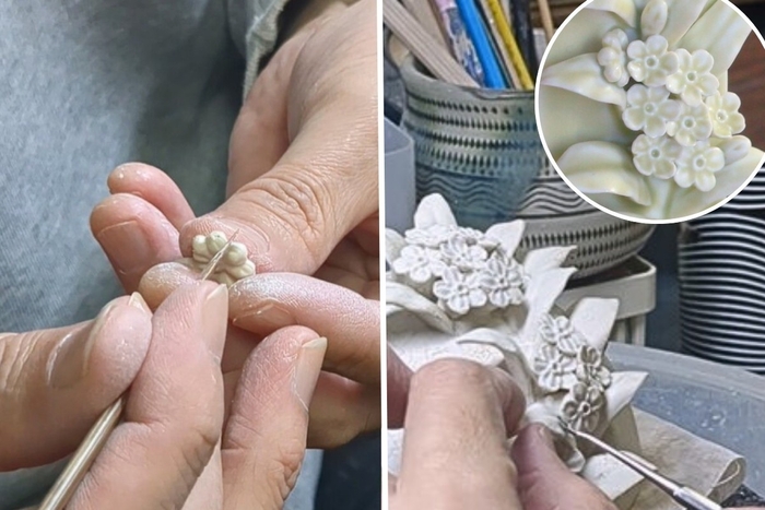 小さな花や蕾を1つ1つ作り、バランスよく配置していく