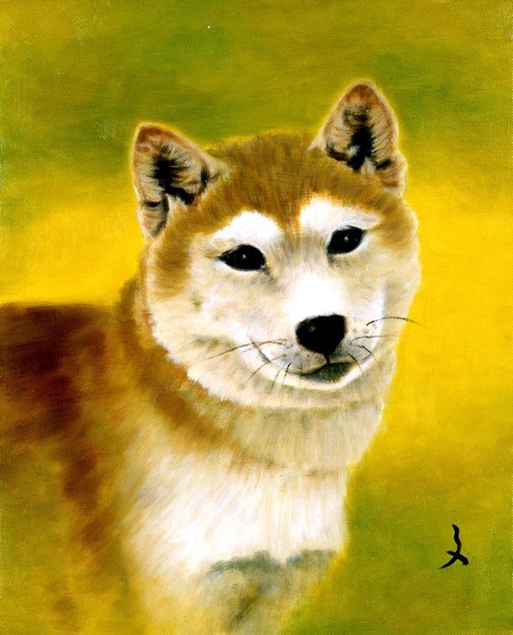 展示作品一例 「犬」油彩画 牧野 文幸(岡山県/口で描いた絵)