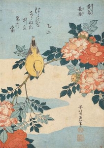 葛飾北斎《黄鳥 長春》1834（天保5)年頃 島根県立美術館[前期展示]