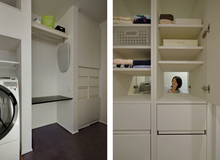 洗濯機や作業台を設置 衣家事を1つの空間で行える洗濯室(左) 洗面室・脱衣所とランドリーをつなぐ両面収納(右)