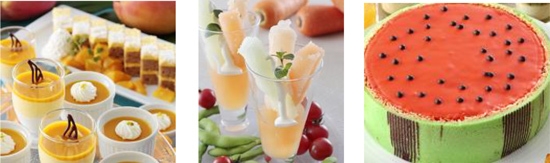 (左)マンゴーケーキ/マンゴープリン アルフォンソマンゴームース (中央)三種のベジタブルアイスサンデー (右)すいかのケーキ