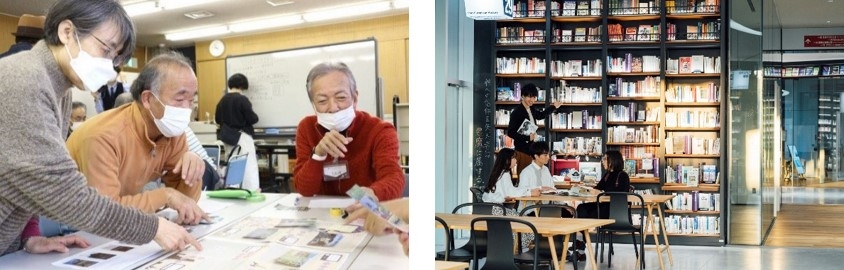 ボードゲームの様子(左)、近畿大学アカデミックシアター(右)