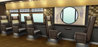 全車両の中央部に京都の寺社建築で用いられる「円窓」を設けたほか、3号車と4号車には一人掛け座席もご用意(イメージは杜若(かきつばた)をあしらい夏の京都を感じることができる4号車)