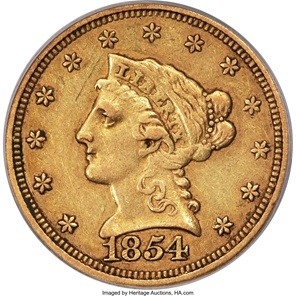 1854-S Liberty Quarter Eagle, XF45 CAC Legendary San Francisco Rarity Third Finest of Only 14 Known Finest of Two With CAC Approval