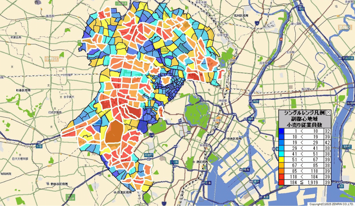 副都心地域の小売事業所の従業員数を可視化した図