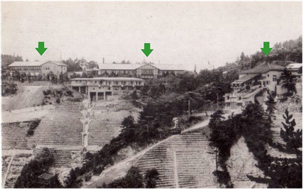 ▲(左から)旧新館・旧館(現存)・六甲登山ロープウェー