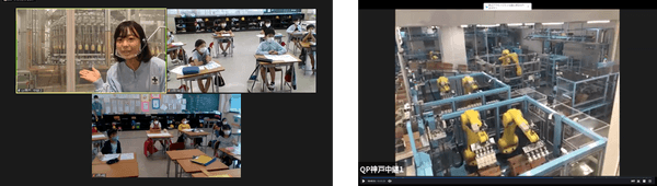 左：マヨネーズ充填の様子を紹介 ／ 右：箱詰めロボット