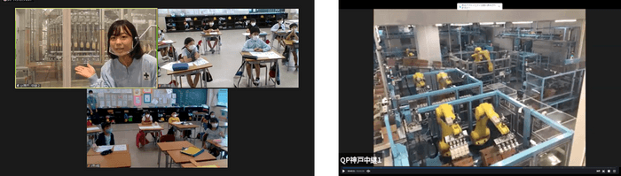左：マヨネーズ充填の様子を紹介 ／ 右：箱詰めロボット