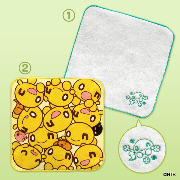 ① onちゃんソフトハンドタオル（四国今治製） ② onちゃんエンジョイハンドタオル (C)HTB