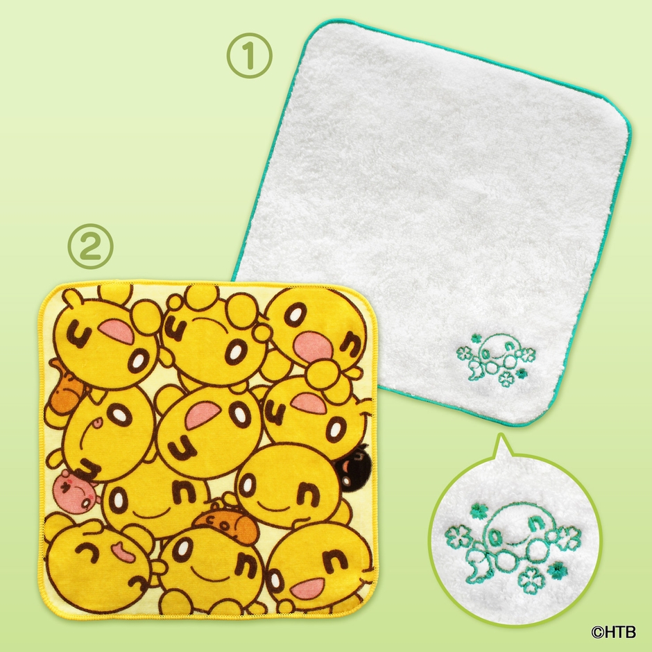 ① onちゃんソフトハンドタオル(四国今治製) ② onちゃんエンジョイハンドタオル (C)HTB