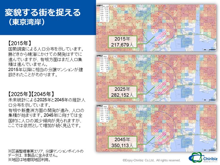 東京湾岸エリアの推計人口の変化マップ