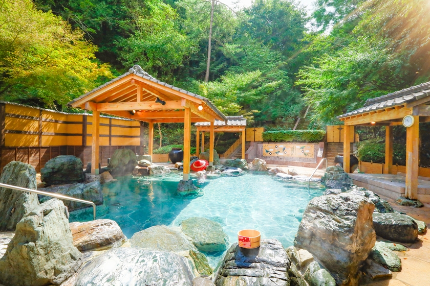 森に囲まれ、マイナスイオンをたっぷり感じる露天風呂。