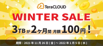 【3TBが2ヶ月間100円/月】国産クラウドストレージ「TeraCLOUD」、ウィンターセールを11月26日(金)から開催！