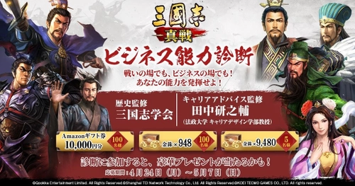 『三國志 真戦』ビジネス能力診断 あなたのビジネス能力は、どの三国志武将タイプ！？ 4月24日(月)より開催 ～超豪華賞品が当たるTwitterキャンペーンもある～