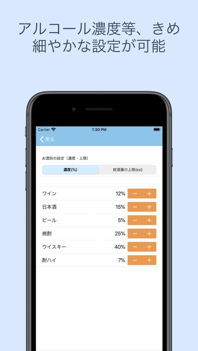 アルコール濃度や入力サポート機能