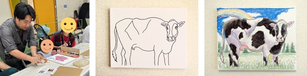 左から：佐藤周作氏、キャンバス下絵イメージ、色を載せた作品イメージ