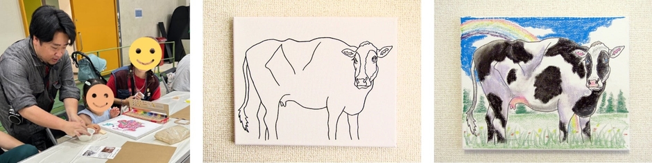 左から：佐藤周作氏、キャンバス下絵イメージ、色を載せた作品イメージ