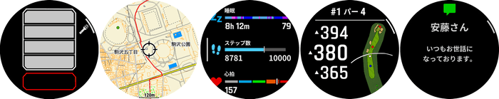 左から、フラッシュライト、マップ、ライフログ、ゴルフ機能、メッセージ通知