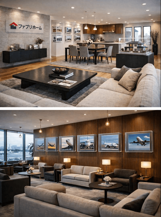 (上)住宅展示場／(下)空港ラウンジ