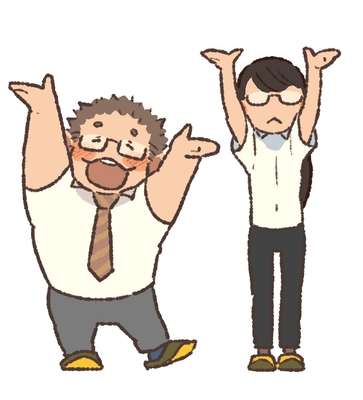 受賞にあたり、たなさんが描き下ろした「バンザイ」のイラスト 左:ひーさん、右:はーさん