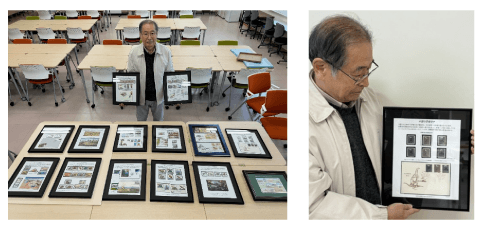 コレクションの一部を披露する西戸裕嗣・元岡山理科大学教授(左)と世界初の恐竜切手(右)